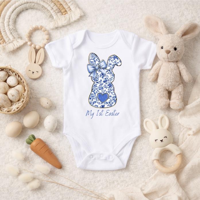 Blue Toile Bunny My 1st Easter Baby Bodysuit