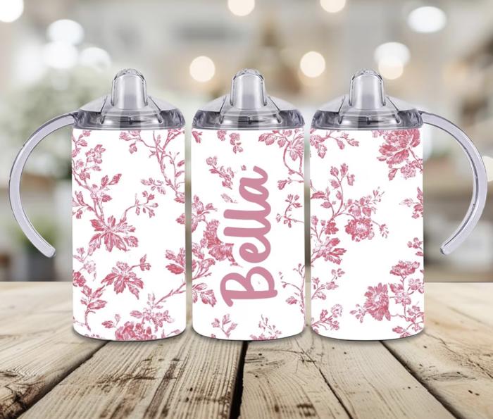 Pink Toile Baby 12 oz Sippy Cup with 2 covers and Straw