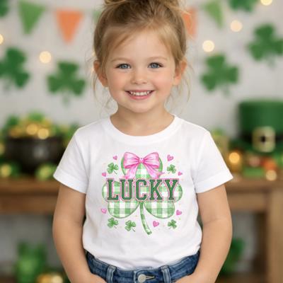 Lucky St Patricks Day Clover and Coquette Bow Girls Tee Shirt