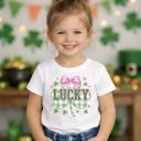  Lucky St Patricks Day Clover and Coquette Bow Girls Tee Shirt