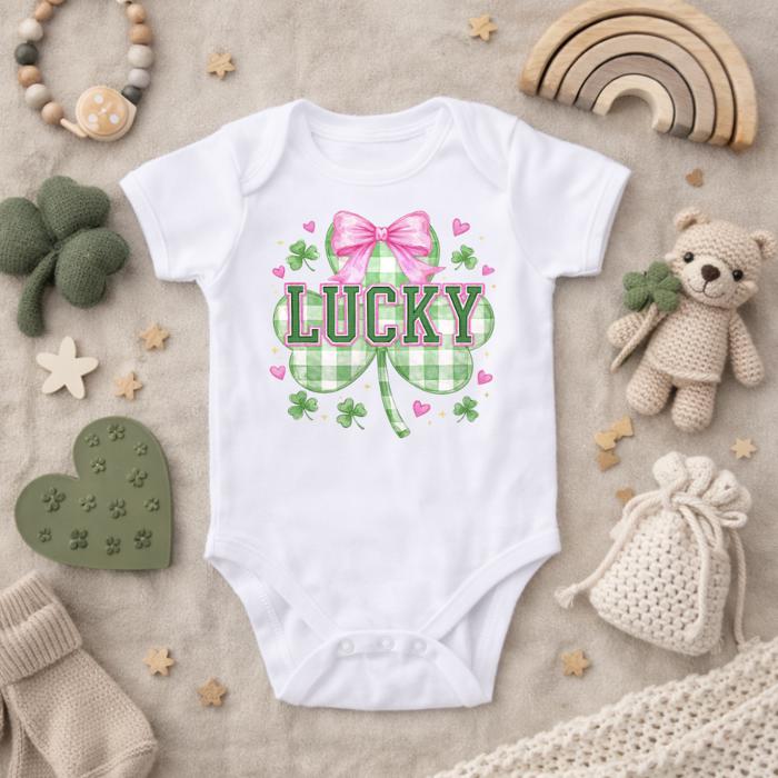 Lucky St Patricks Day Clover and Coquette Bow Girls Bodysuit