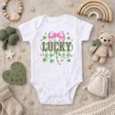  Lucky St Patricks Day Clover and Coquette Bow Girls Bodysuit
