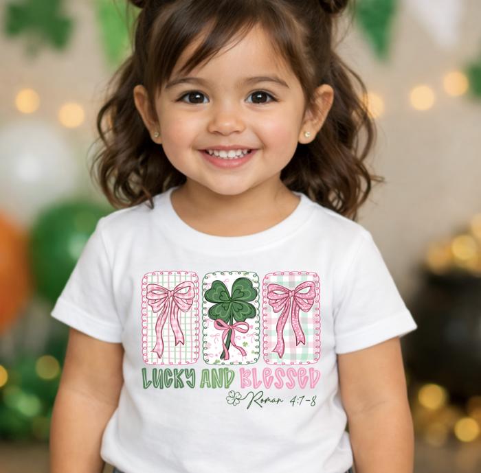 Lucky and Blessed Roman 4:7-8 Shamrocks Girls St Patrick's Day Tee Shirt