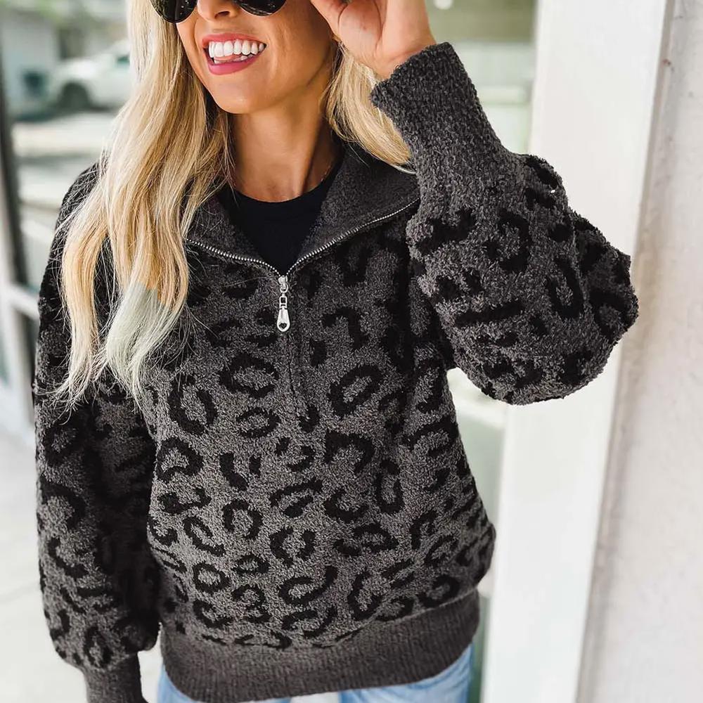 Cozy Leopard Quarter Zip Sweater