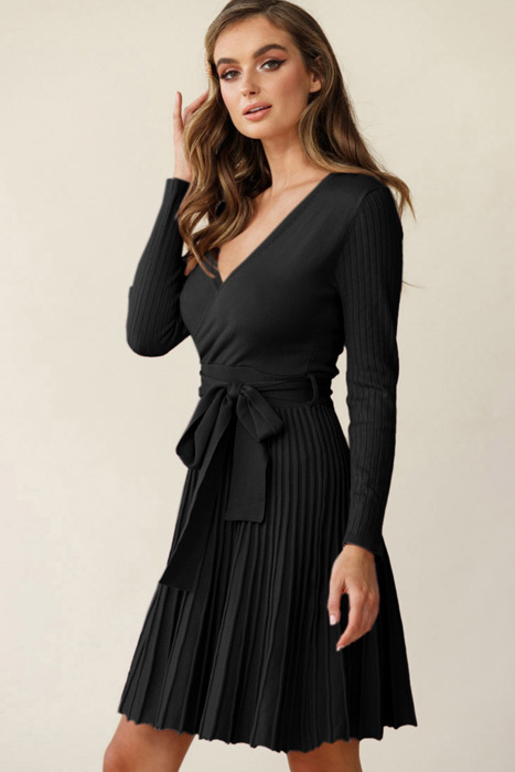 The Rowan | Ribbed Pleated Sweater Wrap Dress