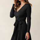 Medium Black The Rowan | Ribbed Pleated Sweater Wrap Dress