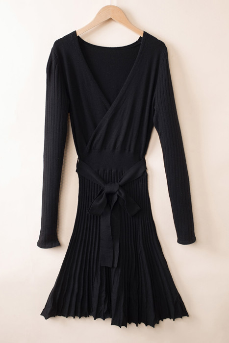 The Rowan | Ribbed Pleated Sweater Wrap Dress
