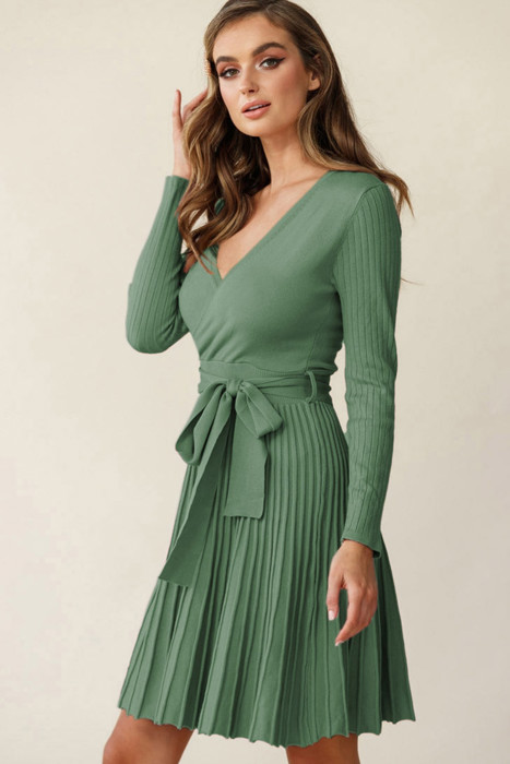 The Rowan | Ribbed Pleated Sweater Wrap Dress