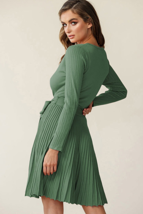 The Rowan | Ribbed Pleated Sweater Wrap Dress
