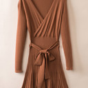 Small Rust The Rowan | Ribbed Pleated Sweater Wrap Dress