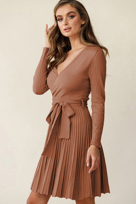 The Rowan | Ribbed Pleated Sweater Wrap Dress
