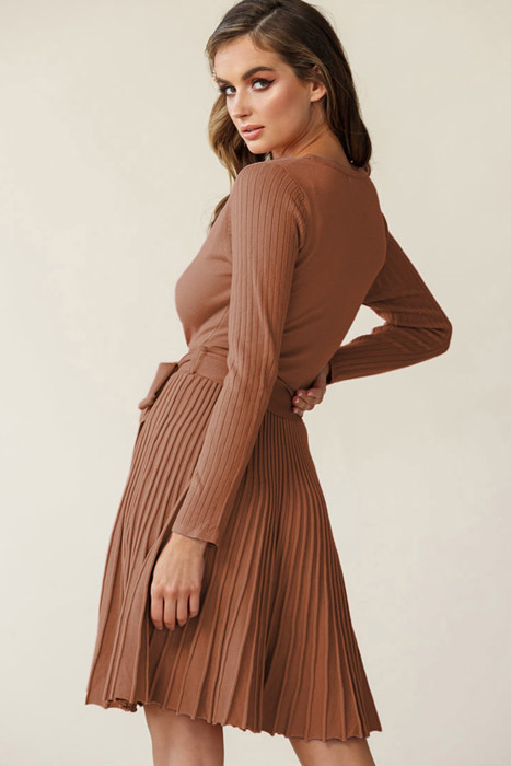 The Rowan | Ribbed Pleated Sweater Wrap Dress