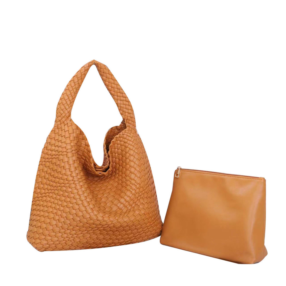 The Willow | Large Woven Vegan Leather Tote with Pouch Bag