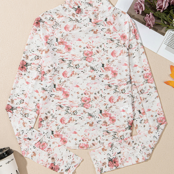 The Evelyn | Floral Print Mesh Mock Neck Slim Blouse | Jane.com