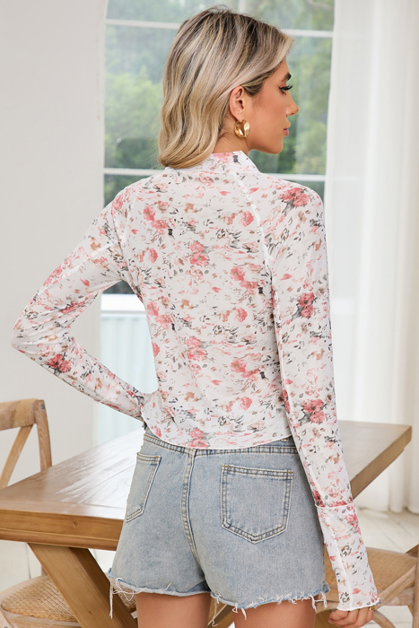 The Evelyn | Floral Print Mesh Mock Neck Slim Blouse