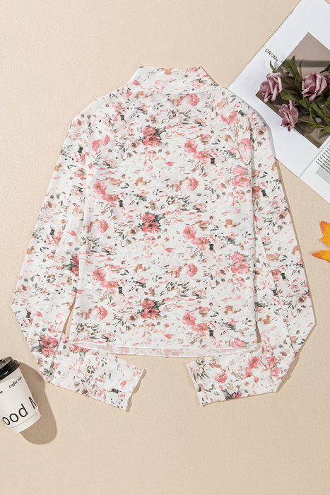 The Evelyn | Floral Print Mesh Mock Neck Slim Blouse