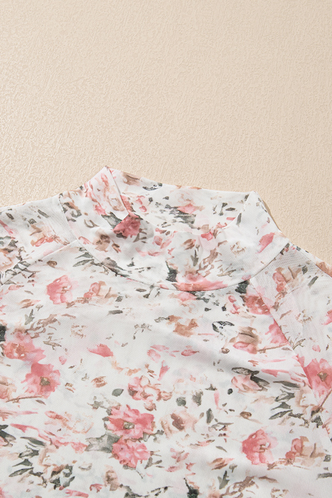 The Evelyn | Floral Print Mesh Mock Neck Slim Blouse