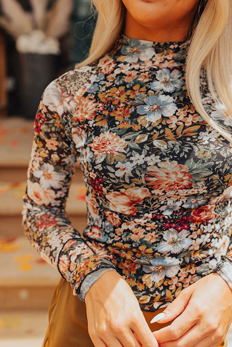 The Audrey | Floral Print Mesh Mock Neck Slim Blouse