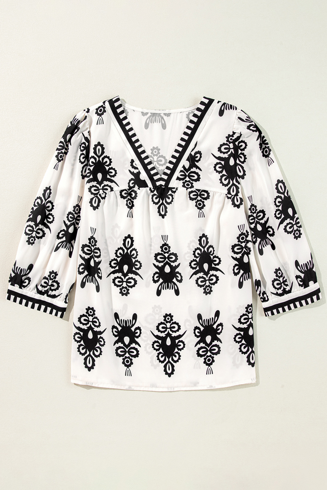 The Rosalie | Bohemian Printed 3/4 Sleeve V Neck Blouse