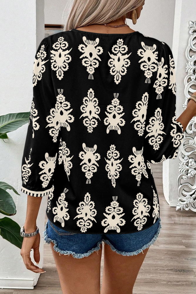 The Rosalie | Bohemian Printed 3/4 Sleeve V Neck Blouse