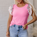  Striped Ruffle Flutter Sleeve Ribbed Blouse