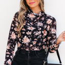  The Whitney | Floral Print Mesh Mock Neck Slim Blouse