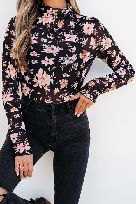 The Whitney | Floral Print Mesh Mock Neck Slim Blouse