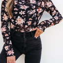  The Whitney | Floral Print Mesh Mock Neck Slim Blouse