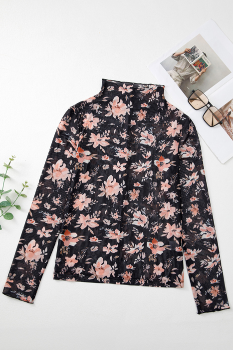 The Whitney | Floral Print Mesh Mock Neck Slim Blouse