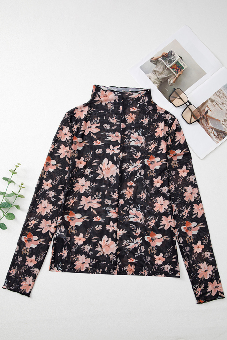 The Whitney | Floral Print Mesh Mock Neck Slim Blouse