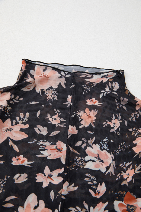 The Whitney | Floral Print Mesh Mock Neck Slim Blouse