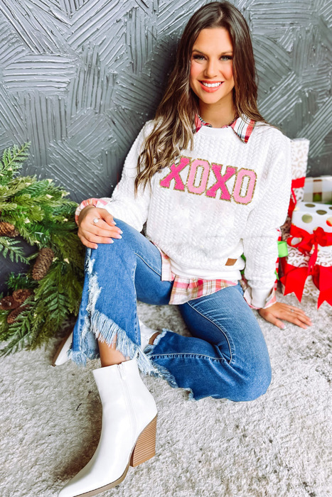 XOXO Glitter Chenille Cable Knit Pullover Sweatshirt