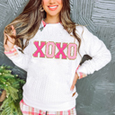  XOXO Glitter Chenille Cable Knit Pullover Sweatshirt