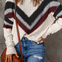 Small Ivory & Maroon The Shannon | Chevron Striped Drop Shoulder Long Sleeve Sweater