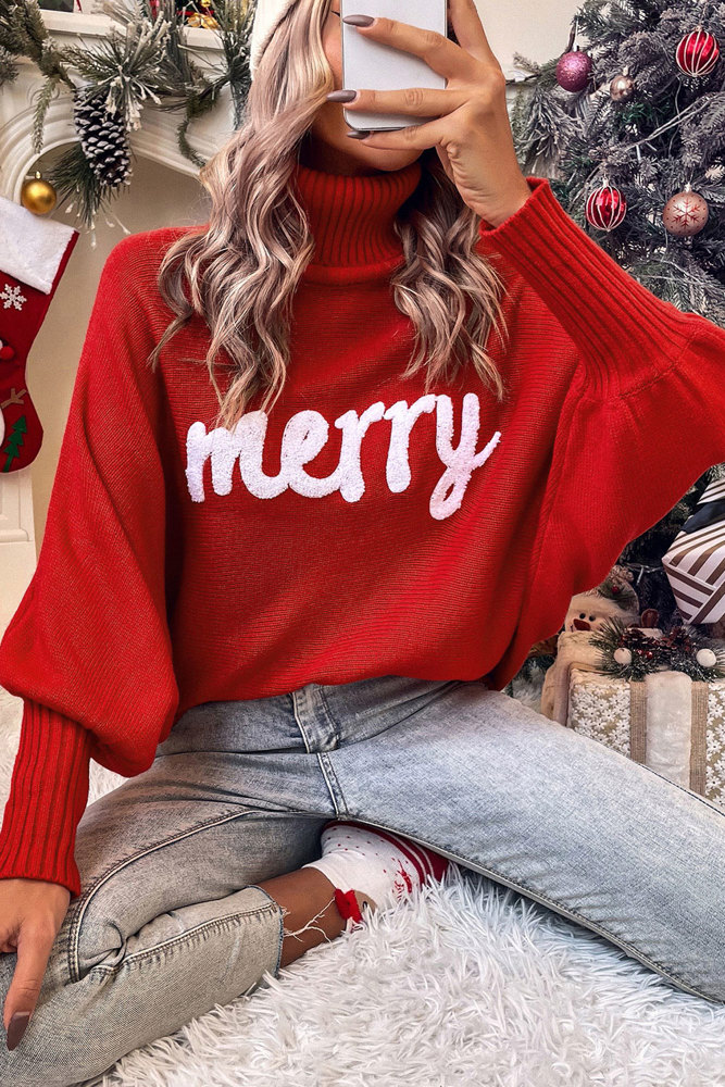 Merry Batwing Christmas Turtleneck Sweater