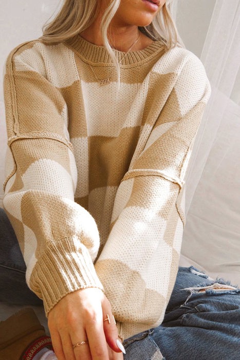 The Mandy | Checkered Bishop Sleeve Sweater