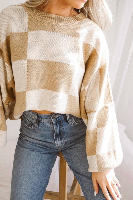 The Mandy | Checkered Bishop Sleeve Sweater