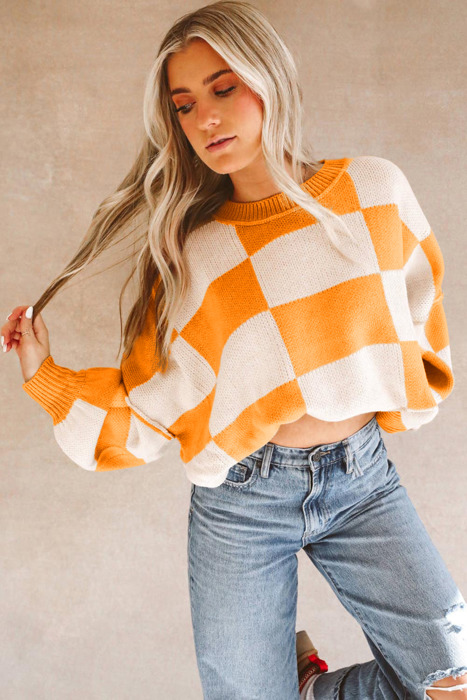 The Mandy | Checkered Bishop Sleeve Sweater