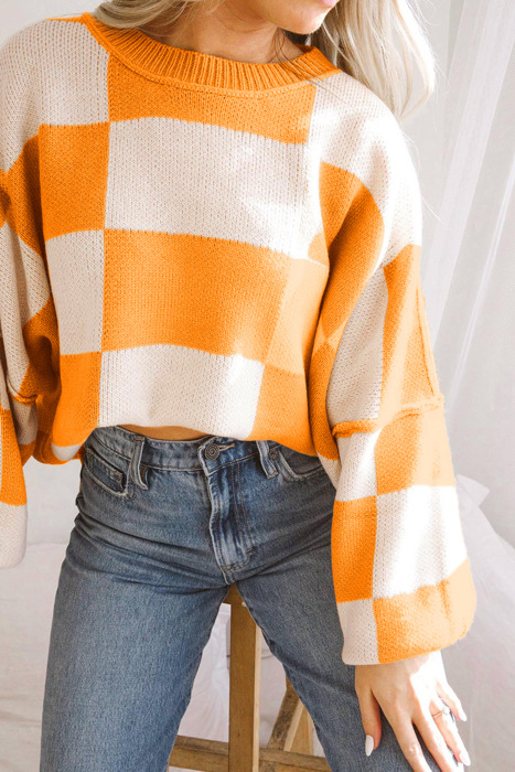 The Mandy | Checkered Bishop Sleeve Sweater