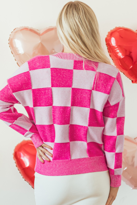 The Hazel | Checkered Drop Shoulder Buttoned V Neck Cardigan