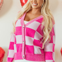  The Hazel | Checkered Drop Shoulder Buttoned V Neck Cardigan