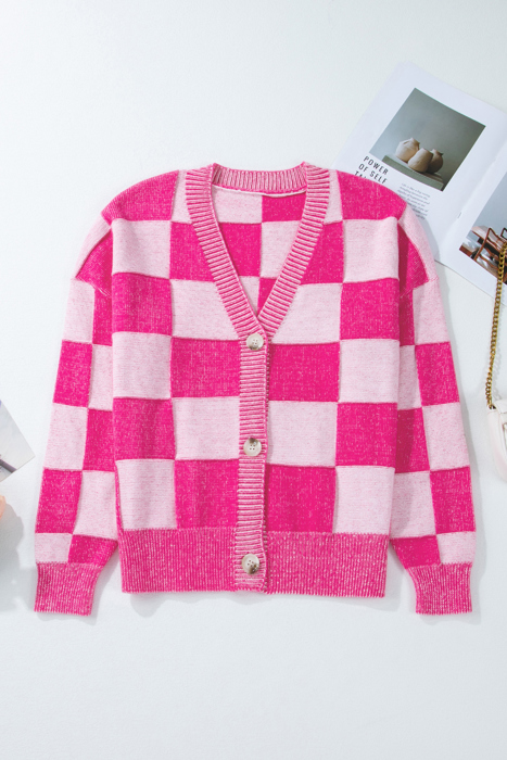 The Hazel | Checkered Drop Shoulder Buttoned V Neck Cardigan