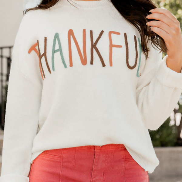 Plus Size Thankful Ivory Embroidered Sweater Jane