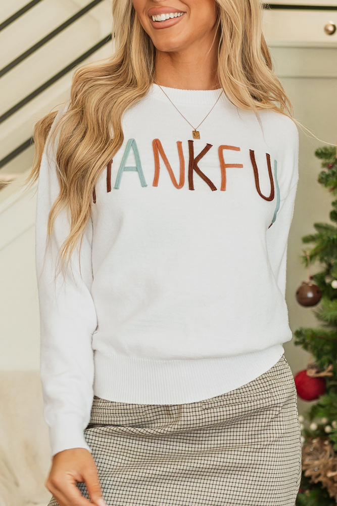 Thankful Ivory Embroidered Sweater