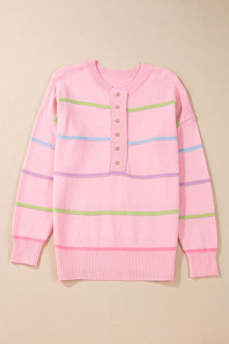 The Mila | Rainbow Stripes Drop Shoulder Henley Sweater