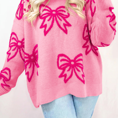 Pink Bow Pattern Drop Shoulder Loose Sweater