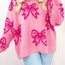  Pink Bow Pattern Drop Shoulder Loose Sweater