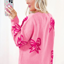  Pink Bow Pattern Drop Shoulder Loose Sweater