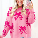  Pink Bow Pattern Drop Shoulder Loose Sweater