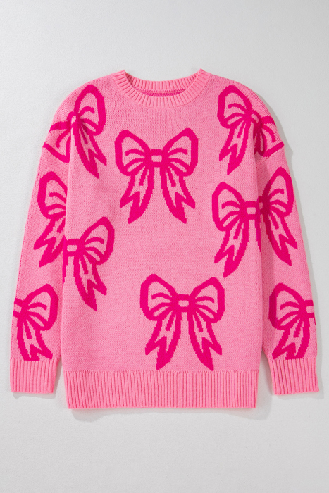 Pink Bow Pattern Drop Shoulder Loose Sweater